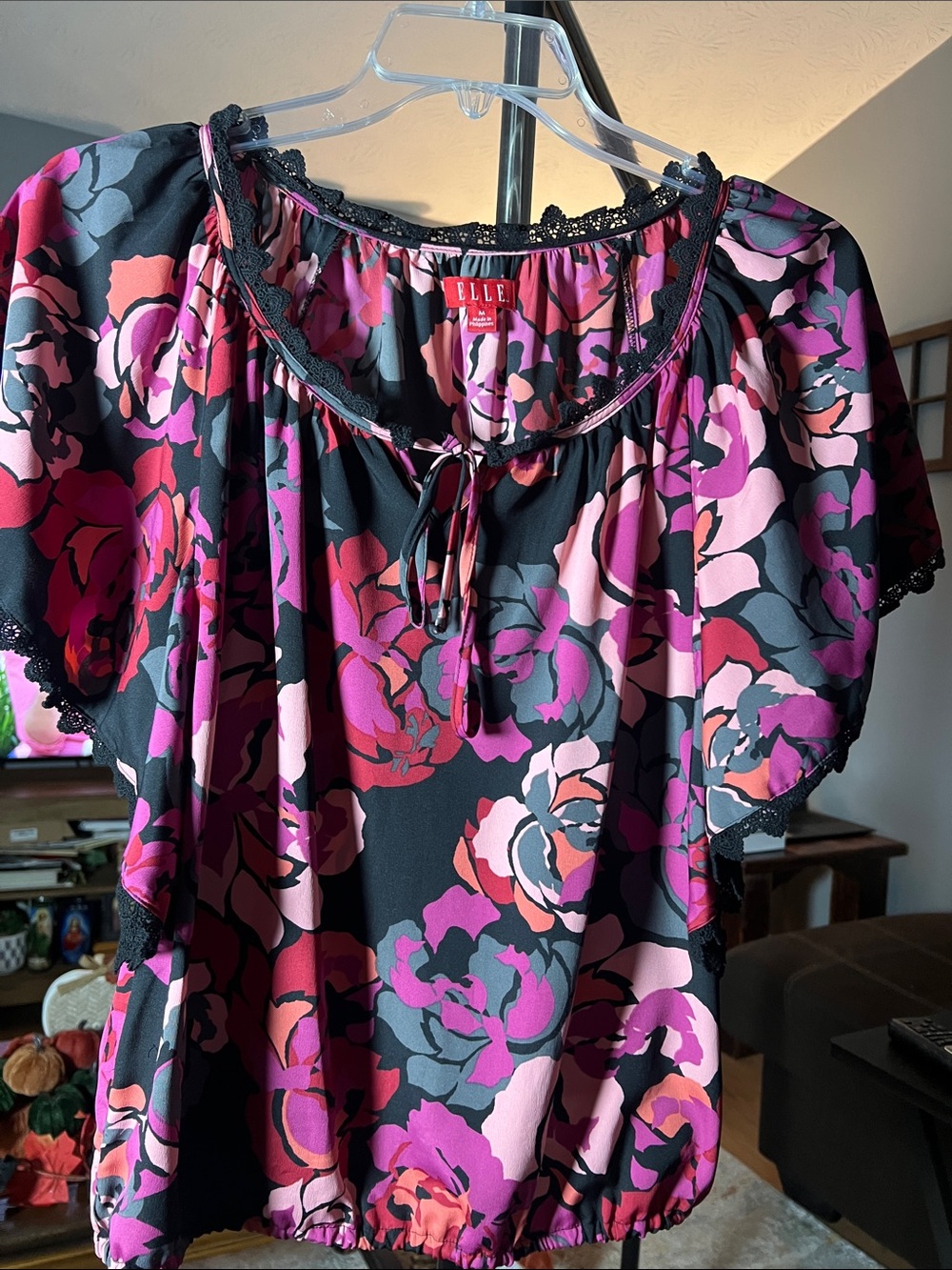 ELLE Black Floral Peasant Blouse with Pink & Purple Roses